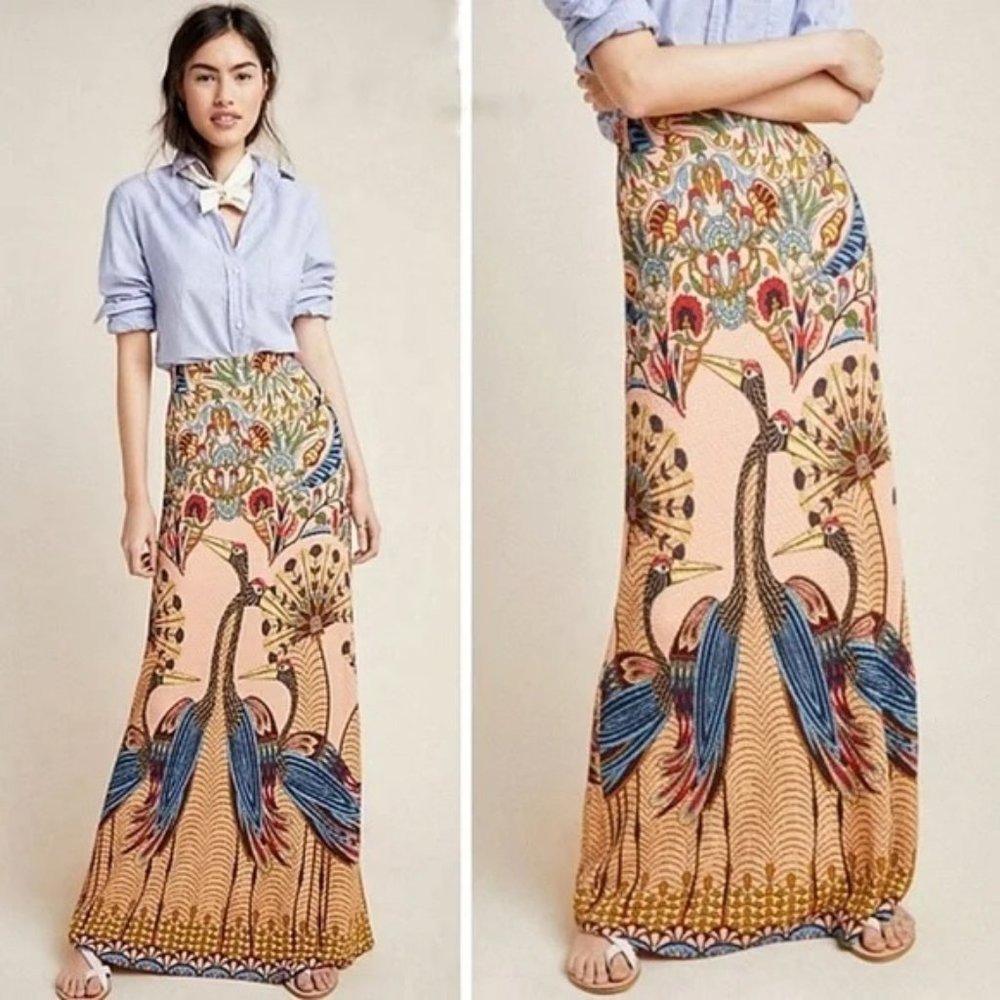**RARE** Farm Rio for Anthropologie Peacock Print Maxi Skirt